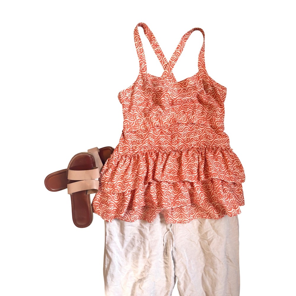 Banana Republic 100% Silk Orange‎ Swirl Ruffle Tank Top Small